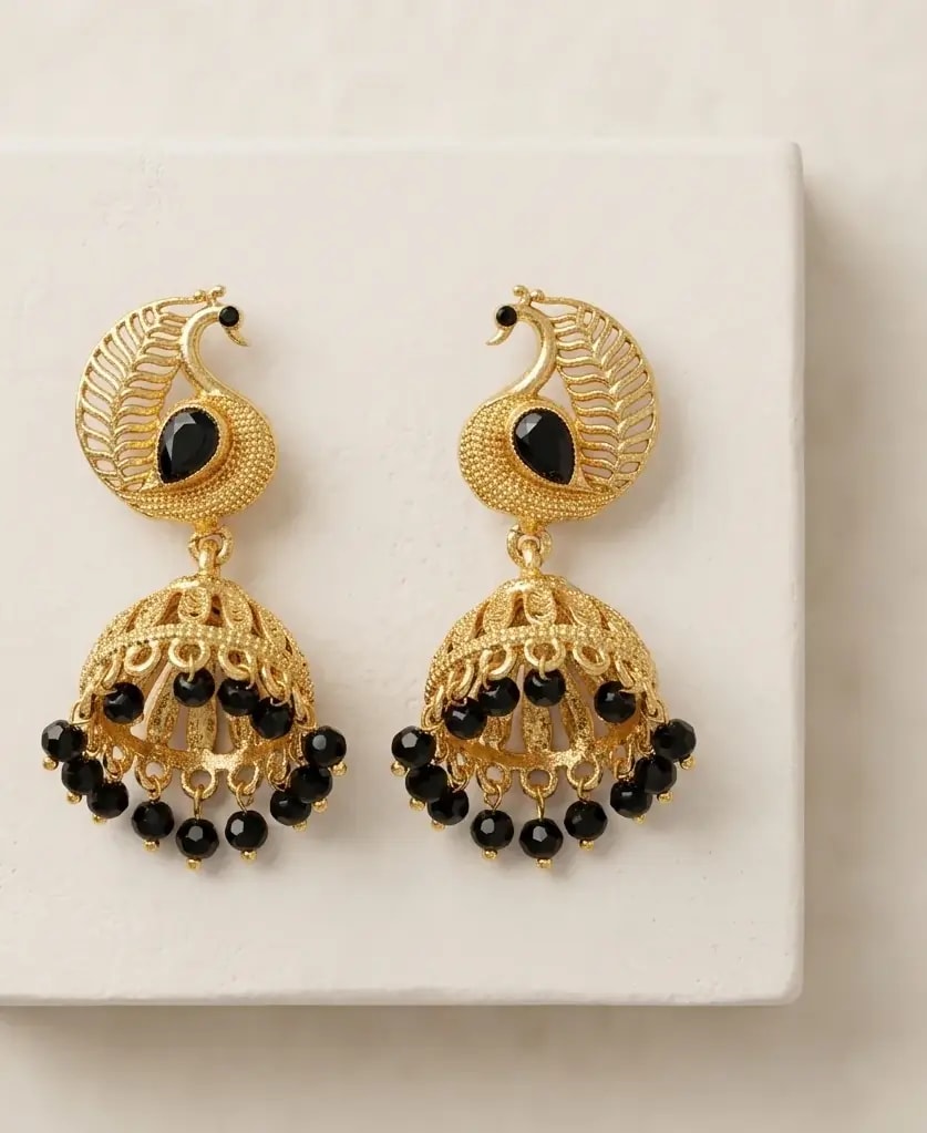 Mayil Black Bead Gold-Toned Screw Back Jhumkas